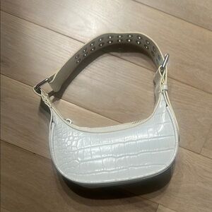 White Croc-Embossed Shoulder Bag